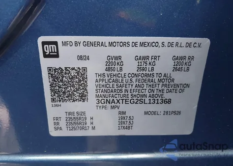 2025 Chevrolet Equinox Awd Rs from USA, damaged, VIN 3GNAXTEG2SL131368